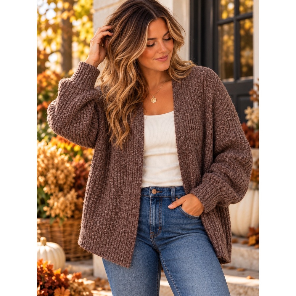 Brown Chunky Knit Cardigan Women's Size XXL Fall Layering Cozy Plus Neutral